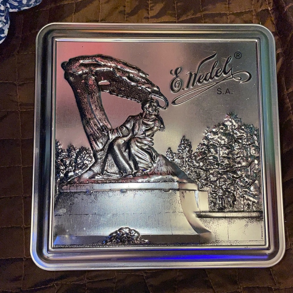 Metal Smedel fancy embossed chrome silver collectable tin over seas foreign